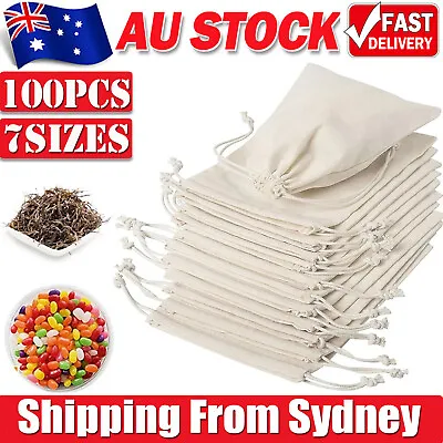 100PCS 7 Sizes Drawstring Storage Bags Calico Bags Linen Tote Gift Bag Bulk AUS • $69.85