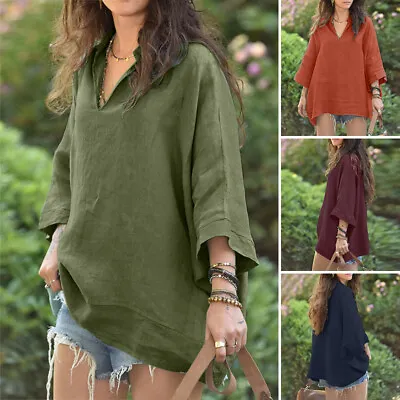 Women Short Sleeve Collared V Neck Shirt Casual Loose Top Jumper Blouse Pullover • $34.02