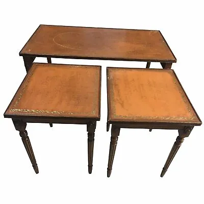 19th C. French Leather Top Cocktail | Coffee Table +2 Nested Side Table-Set Of 3 • $1150