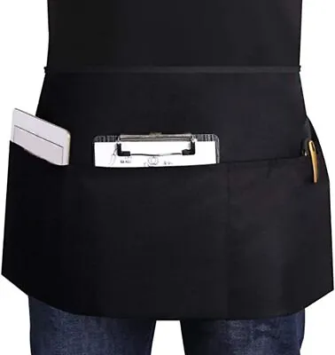 3 Pockets Plain Black Half Size Waist Waiter Waitress Apron For Bar Cafe Pub • £2.44