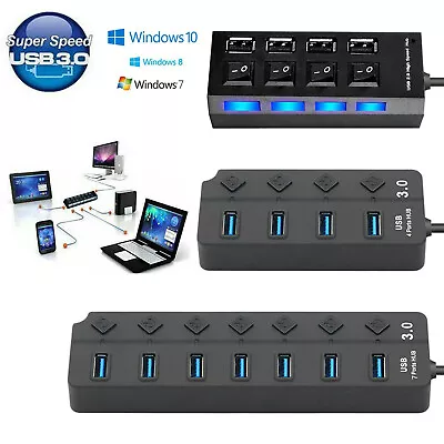 7 Port Powered Hub USB 3.0 2.0 On/Off Switches Splitter W/ Cable For PC Laptop • $5.59