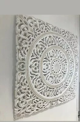 WHITE MORROCAN STYLE CARVED WOOD HANGING PANEL WALL ART HOME DECOR 56 X 56cms.. • £36