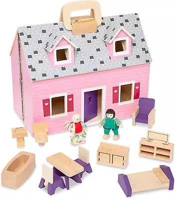 Melissa & Doug Fold And Go Wooden Dollhouse With 2 Dolls And Furniture New Gift • $84.99