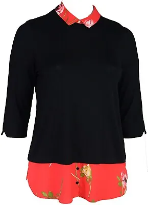 Longline Stretch Black Top Red Floral Collar Dipped Back Hem Ladies Plus Size • £13.56