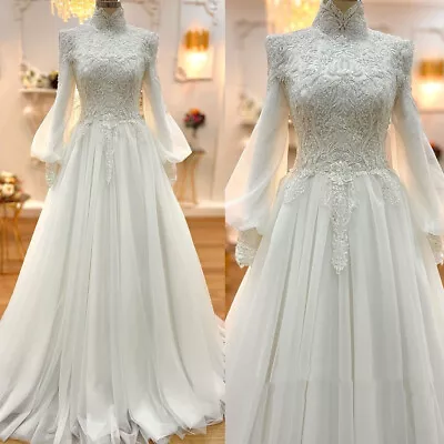 White Muslim Wedding Dresses Long Sleeves High Neck Lace A Line Bridal Gowns • $138.79