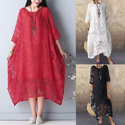 Womens Dress Neck Casual Vintage Lace Loose Kaftan 3/4 Sleeve Long Dress • $23.85