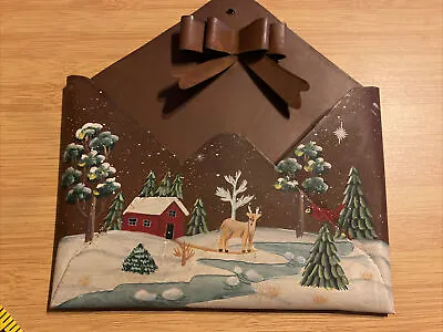 Metal Christmas Snow Scene  Card Holder Hand Painted Wall Hanging • $18.49