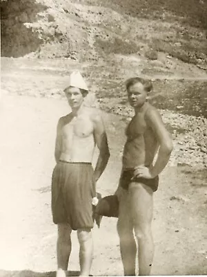 1960s Two Handsome Men Trunks Bulge AFFECTIONATE Guys Posing  Gay Int Orig Photo • $17.50
