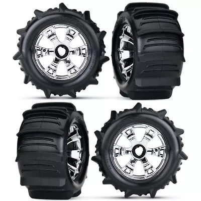 4 Traxxas Front/Rear Paddle Tires On Chrome Rims With Inserts TRA5672 E-REVO • $92.72