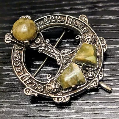 Vintage Miracle Celtic Irish Pennanular Green Connemara Marble Brooch Pendant • $25