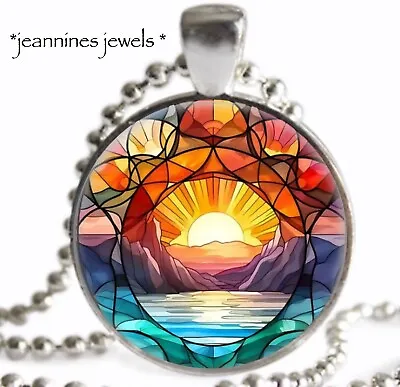 Beach Sunset NECKLACE FAUX Stained Glass ART PRINT Silver Charm Pendant • $21.99