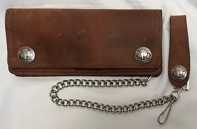 Brown Leather Trucker Wallet With Buffalo Nickel Snaps & 12  Chain MADE IN USA • $31.99