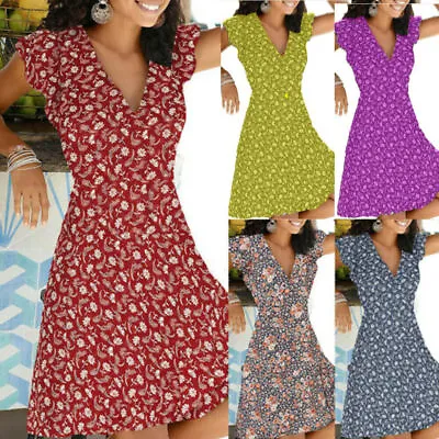 $24.36 • Buy Womens Floral Summer Beach Sun Dress Ladies Short Sleeve Holiday Midi Dress Size