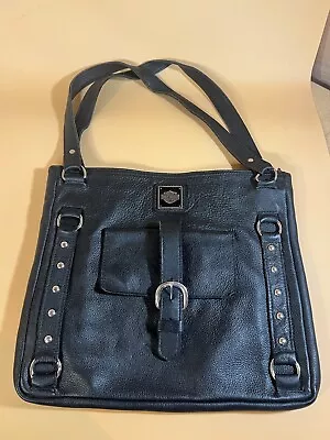 🏍️Vintage HARLEY DAVIDSON Black Genuine Leather Studded Lg Shoulder Purse/Bag • $29.99