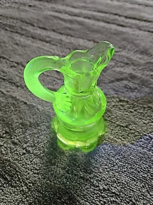 Uranium  Glass Cruet Thick Mold Handle Scalloped Bottom Built In Spout Hand Blow • $124.99