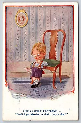 Comic~Boy Ponders Lifes Problems~Get Married Or Get Dog~Vintage Postcard • $3.50