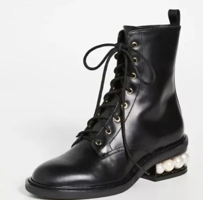 NEW Nicholas Kirkwood Casati 35mm Pearl Combat Boots Size 6.5 BLACK LACE UP NIB • £482.10