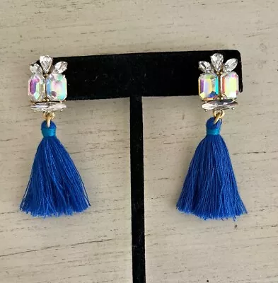 J Crew Signed Cobalt Blue Tassel Iridescent Clear Crystal Drop Fringe Earrings • $22.94