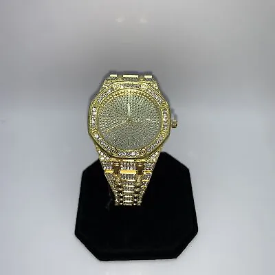 Unisex Iced Out Gold Coloured Octagon Wristwatch With CZ Studs • £24.99