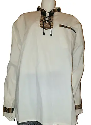 African Embroidered  Lace Up Cream Brown Long Sleeved Shirt Men's Size XL 46   • £29.99