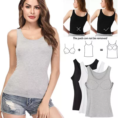 Women's Tank Tops With Built-in Shelf Bra Cami Shaper Sleeveless Vest Camisoles • £11.99