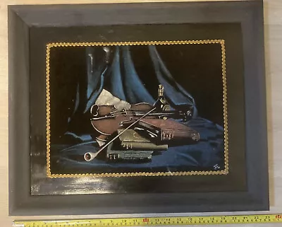 Vintage Oil On Velvet Painting Of Violin Books Pipe Wine Curtain 1969 • $40