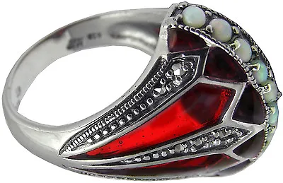 Ring With Red Enamel Opal & Marcasite 925 Silver Hallmarked From Ari D Norman  • £127.20