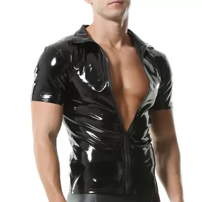 Men's PVC Leather Wetlook Short Sleeve Latex Zipper Shirts Tops Nightclub Tees • £22.74