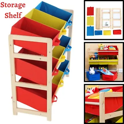 Childrens Kids 3 Tier Toy Bedroom Storage Shelf Unit & 9 Canvas Boxes Drawers • £28.97