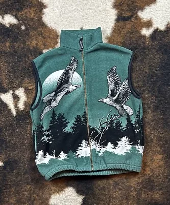 Vintage  Fleece Vest  Mens L/XL Wild Animals Eagles All Over Print Zip Green @O • $40