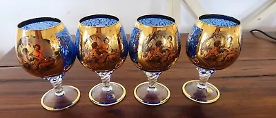 4 Vintage Venetian MURANO Glass Wine Glasses Cobalt Hand Painted • $40