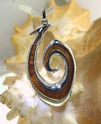 27mm Rhodium Over Brass Genuine Koa Wood Reversible Maori Fish Hook Pendant #3 • $14