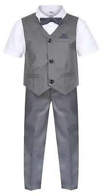 Baby Boys Waistcoat Set Grey Toddler Wedding Suit Page Boy Party Prom Ceremony • £9.95