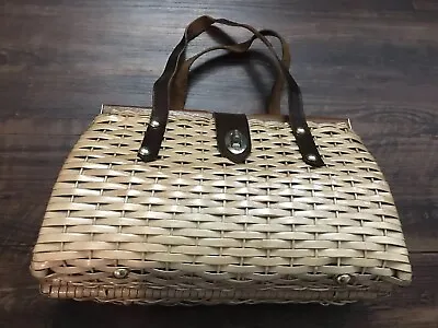 Vintage Wicker Handbag Leather Handles Hand Made British Hong Kong Purse • $59.99