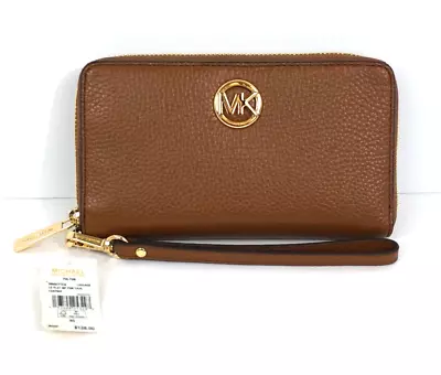 NWT Michael Kors Fulton LG Flat Multifunction Case Leather Wristlet - Luggage • $94.99