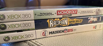 LOT OF 3 XBOX 360 Video Games Monopoly Streets Rayman Raving Rabbids Madden 25 • $17.99