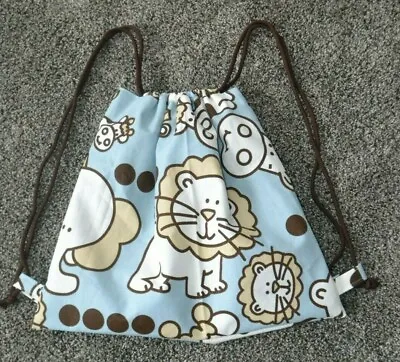 Kids Cinch Backpack Handmade Fully Lined Tote Bag Zoo Animals Blue Design Lion • £14.24