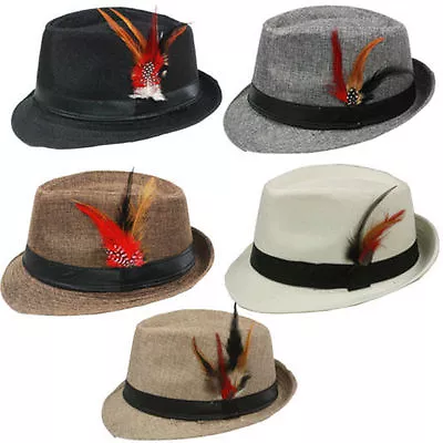 FEDORA HAT With BAND & FEATHER Trilby Gangster Panama Classic Jazz Vintage Style • $13.99