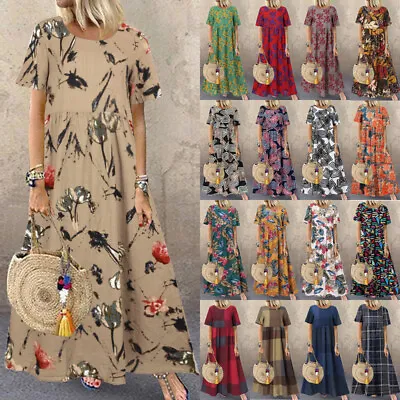 UK Stock Women Summer Short Sleeve Floral Long Maxi Dress Holiday Beach Sundress • £17.36