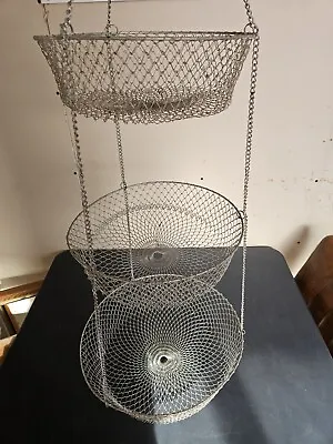 Vintage Wire Metal Hanging Fruit Vegetable Basket 3 Tier Large Size Silver Color • $35