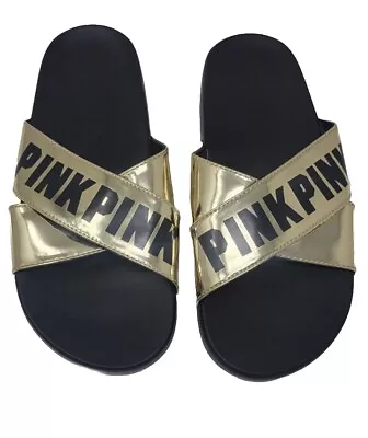 Victoria Secret Pink Sz Medium 7-8  GOLD BLACK LOGO CRISS CROSS SLIDES SANDAL  • $29.99