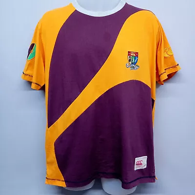 Men's CANTERBURY T-Shirt Rugby Theme 'Played In Heaven' Purple & Yellow Large • £13.99