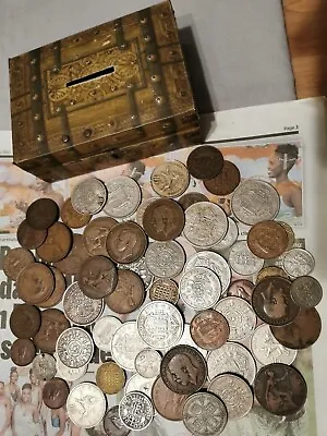 £9.99 • Buy 64 Old British Coins Silver Copper Bronze? & Tin Treasure Chest Money Box.