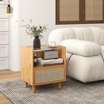 Bamboo Rattan Nightstand Boho Bedside Table With Drawer Bedroom End Table • £49.95