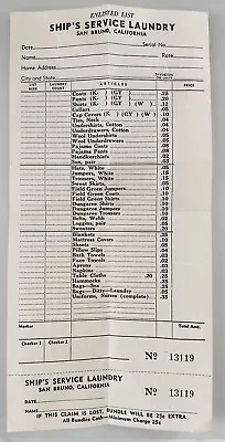 WWII U.S Military Enlisted List Ship’s Service Laundry San Bruno California • $25