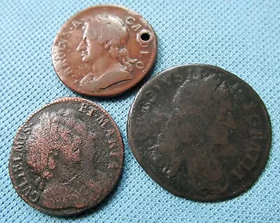 Lot Of 3 1600s British Irish Old Copper Halfpenny Farthing Charles William Mary • £3.42