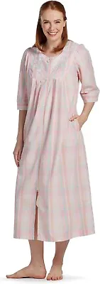 MISS ELAINE Seersucker Embroidered Zip-Front Nightgown XL Peach Turquoise • $44.99