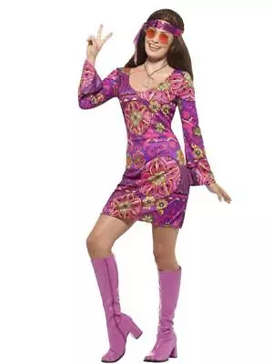 Woodstock Hippie Chick Costume 60s Groovy Hippy Multi Coloured Fancy Dress • $38.95