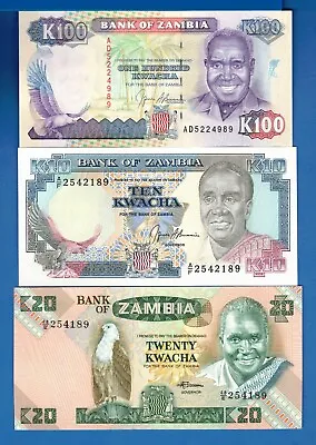 $2.95 • Buy Zambia 10, 20, 100 Kwacha World Paper Money Uncirculated Banknotes SET # 5