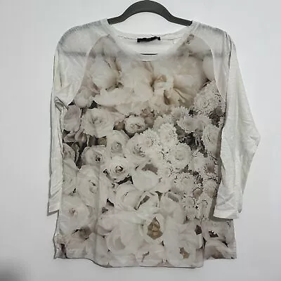 Zara Ladies White Floral T-Shirt Size S Small 3/4 Sleeve Cotton Blend Top • $11.19